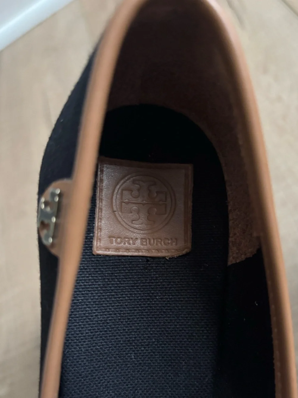 Tory Burch Majorca Black Canvas and Brown Leather Peep Toe Wedge Espadrille